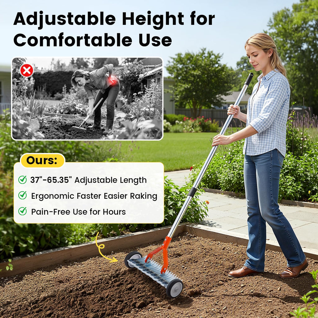 Thatch Rake with Wheels, 37-65.35'' Adjustable Dethatching Roller Rake Adjustable 0-12° Angle Stainless Steel Blades Heavy Duty Manual Dethatcher , Lawn Thatcher Rakes for Moss, Grass, Leaves, Debris