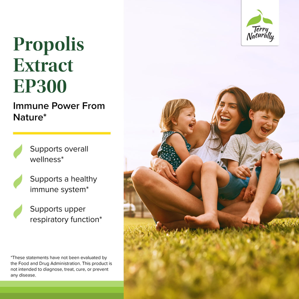 Terry Naturally Propolis Extract EP300 - Upper Respiratory & Immune System Support Supplement - Non-GMO with Bee Propolis Extract - Child & Adult Supplement - 60 Chewable Tablets