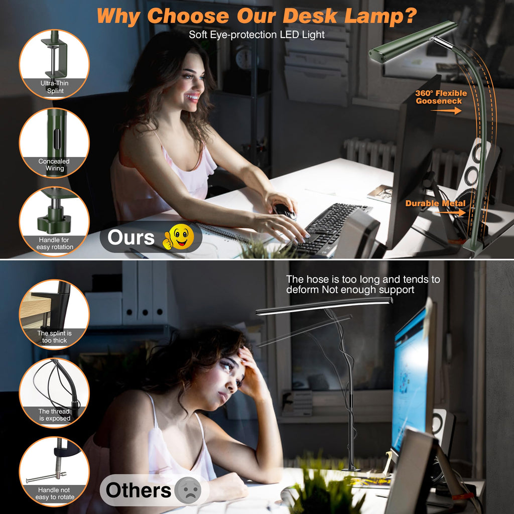 Airlonv LED Desk Lamp for Office Home, Eye-Caring Desk Light with Stepless Dimming Adjustable Flexible Gooseneck, 10W USB Adapter Desk Lamp with Clamp for Reading, Study, Workbench (Green)