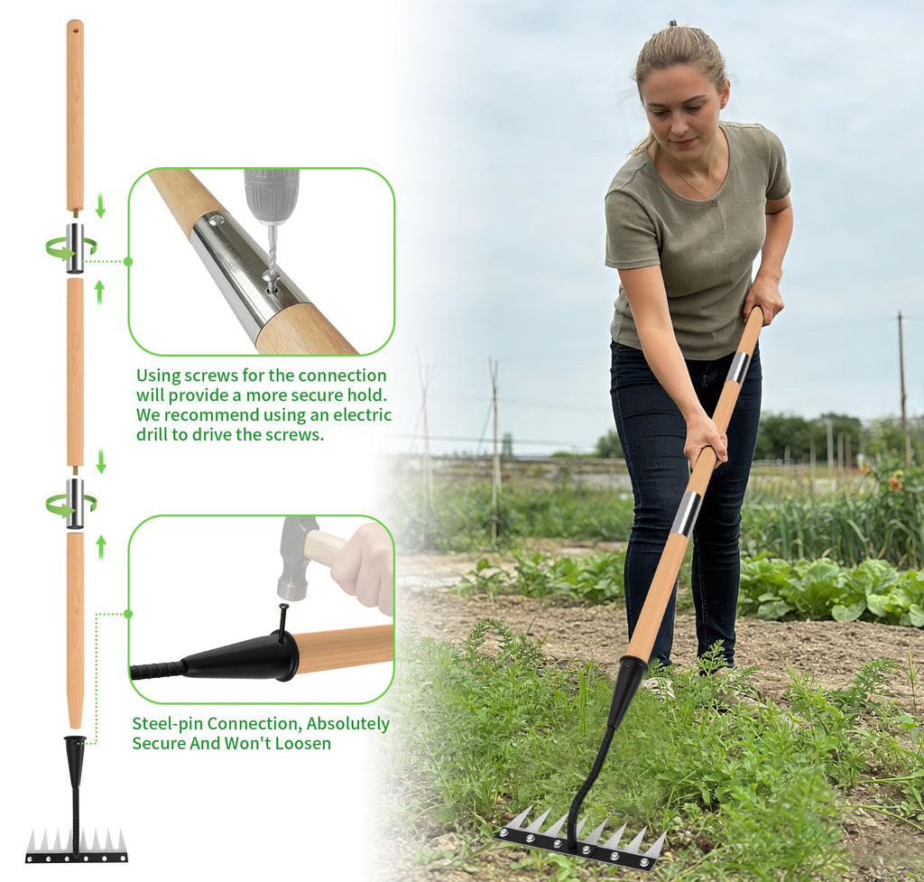 ATLRGISL Iron Weeding Rake with Wooden Long Handle 2.0, 8 Teeth Weed Puller Tool Heavy Duty, Manual Gardenia Weed Rake Tool for Yard, Lawn and Garden, 56Inch