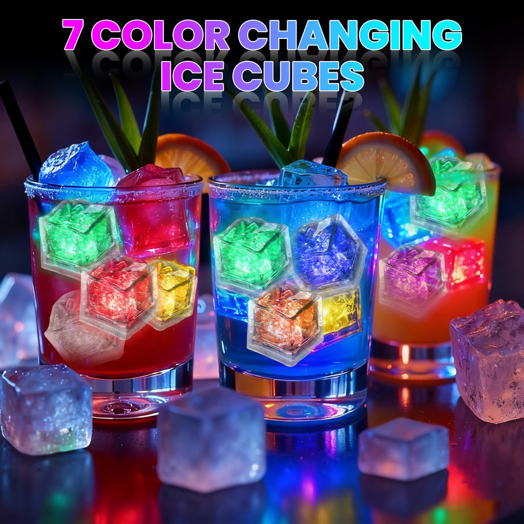Light Up Ice Cubes, 32 Pack Multi Color Led Ice Cubes for Drinks IP67 Waterproof Reusable Glowing Flashing Changing Lights Water Activated Drink Lights for Cocktails Christmas Party Bar Wedding