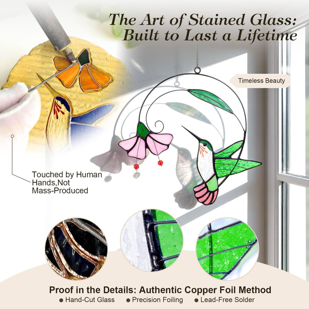 Hummingbird Stained Glass Window Hanging Suncatcher with Flower Branch