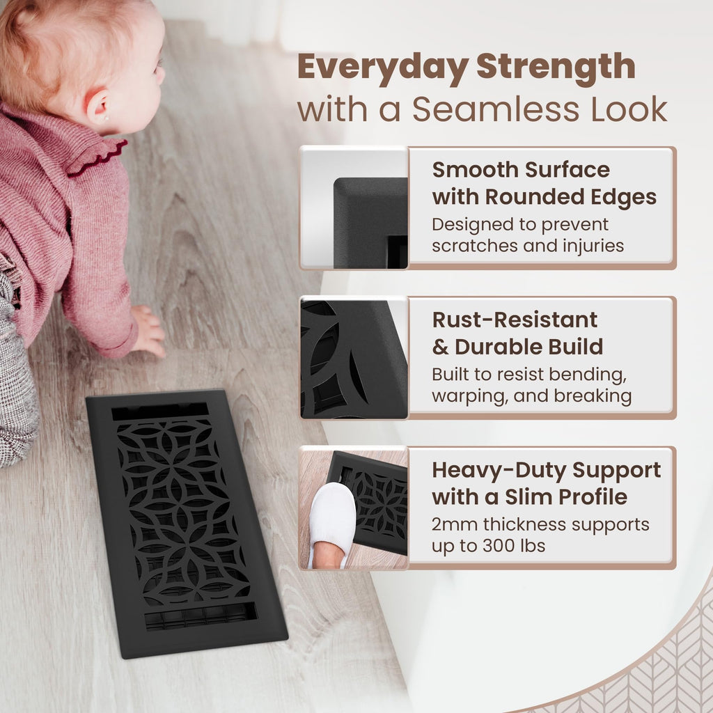 Floor Vent Covers – 4x10 Floor Register – 8 Pack – Heavy-Duty Steel, Rustproof & Walkable Grates, Drop-in Install, Adjustable Airflow – Decorative Floral Design, Textured Black