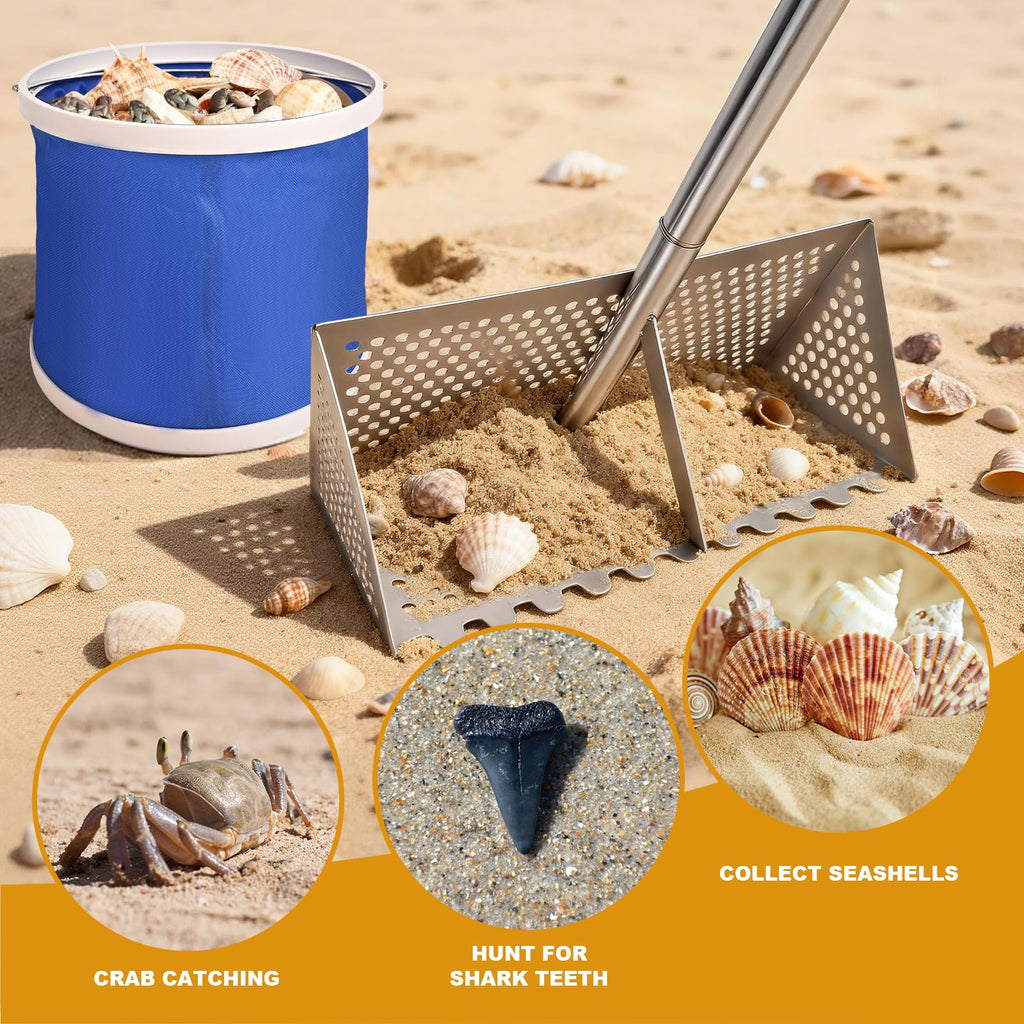 Sea Flea Rake for Beach - Premium 304 Stainless Steel Sand Sifter w 48'' Ergonomic Curved Long Handle, Beach Sifter w Large Basket w Curved Teeth, Sand Crab Catcher for Shark Teeth, Shells