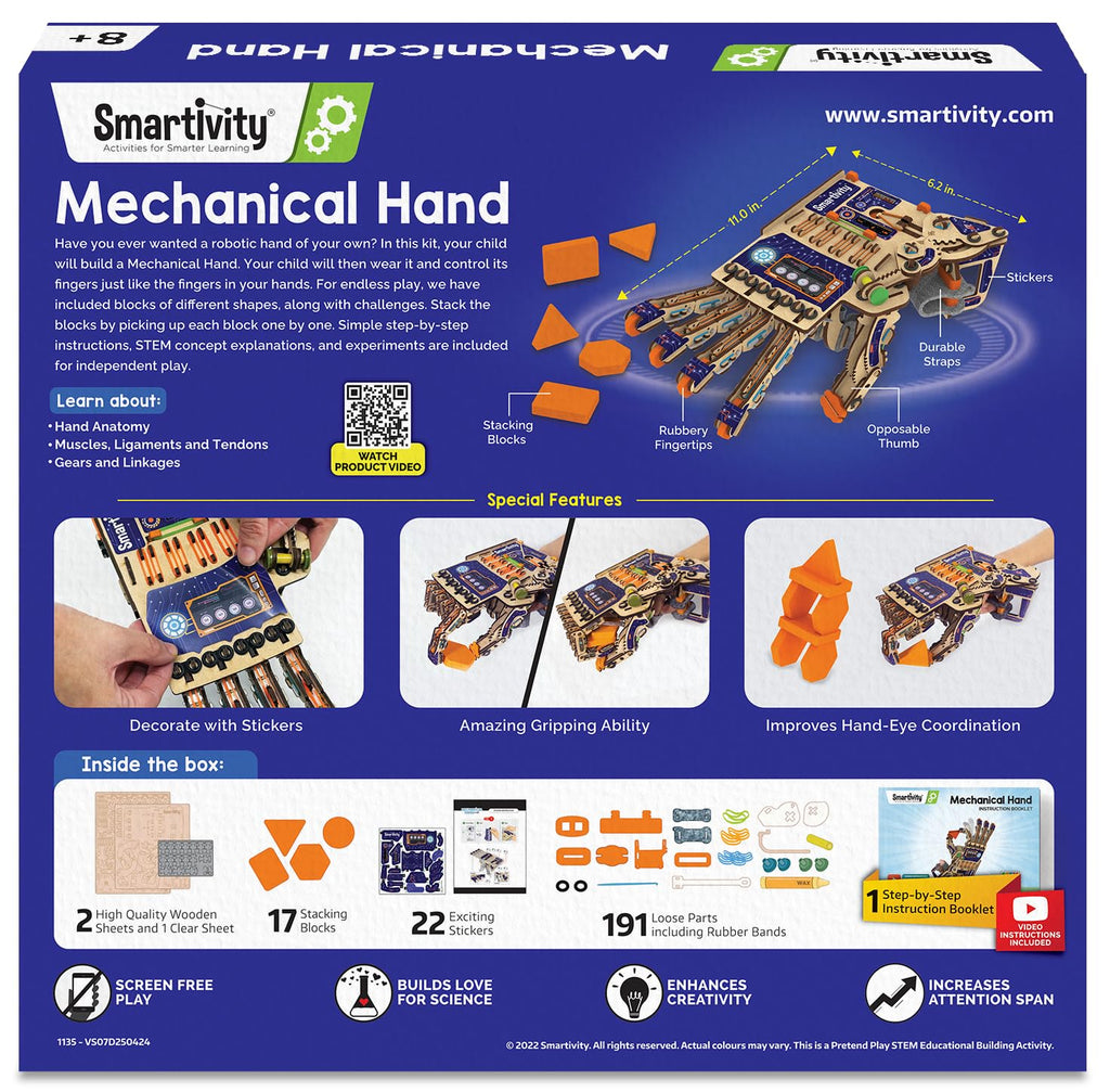 Smartivity DIY Robotic Mechanical Hand STEM Toy for Kids 8-9-10-11-12-13-14 Years Old | 2024 Parents Choice Award Winner I Birthday Gift for Boys & Girls | Engineering Kit for 8-14 Years Old