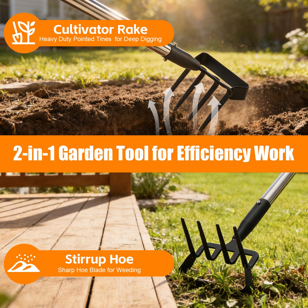 2-in-1 Heavy Duty Garden Hoe with 60" Adjustable Handle, Stirrup Hoe & Cultivator Weeding Rake - Lightweight Gardening Tool for Fast Weed Removal, Cultivating & Loosening Soil, Stainless Steel