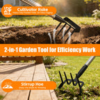 2-in-1 Heavy Duty Garden Hoe with 60" Adjustable Handle, Stirrup Hoe & Cultivator Weeding Rake - Lightweight Gardening Tool for Fast Weed Removal, Cultivating & Loosening Soil, Stainless Steel
