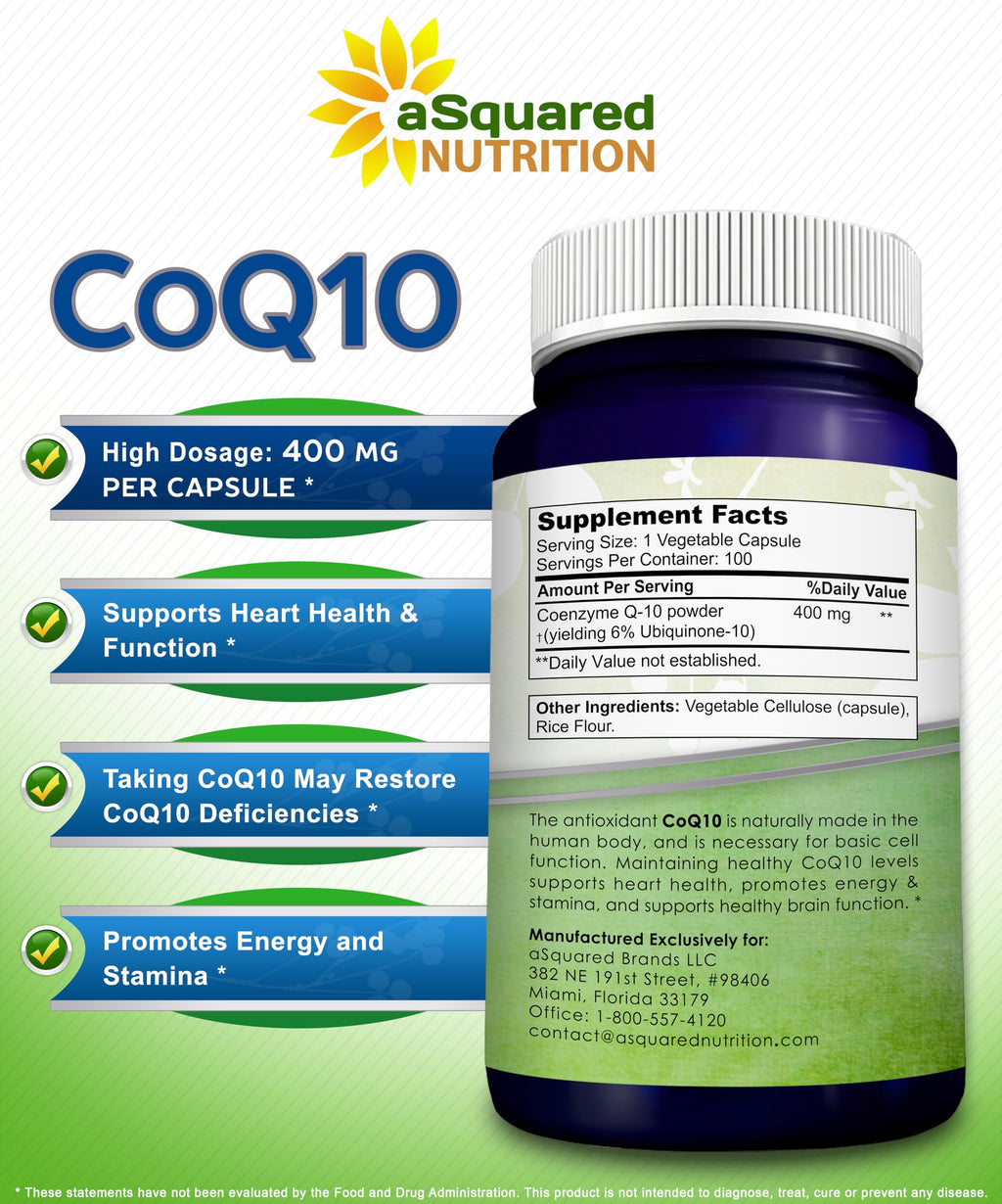 aSquared Nutrition CoQ10 (400mg Max Strength, 100 Veggie Capsules) - High Absorption Coenzyme Q10 Powder - Ubiquinone Supplement Pills, Extra Antioxidant CO Q-10 Enzyme Vitamin Tablets, Coq 10 400 mg