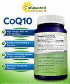 aSquared Nutrition CoQ10 (400mg Max Strength, 100 Veggie Capsules) - High Absorption Coenzyme Q10 Powder - Ubiquinone Supplement Pills, Extra Antioxidant CO Q-10 Enzyme Vitamin Tablets, Coq 10 400 mg