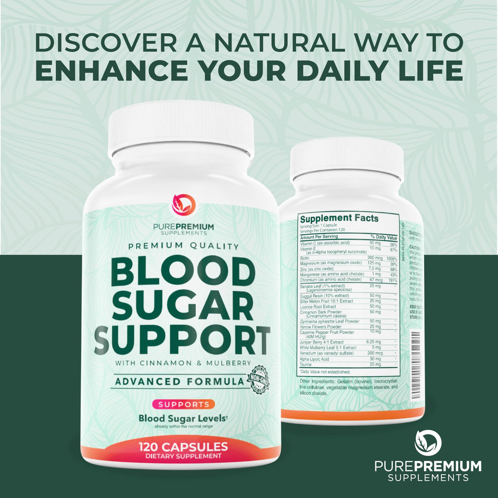 PurePremium Normal Blood Sugar Support Supplement - 20 Active Ingredients Complex to Support Blood Sugar Levels Already in The Normal Range - with Cinnamon, Bitter Melon, Chromium, Mulberry - 120ct