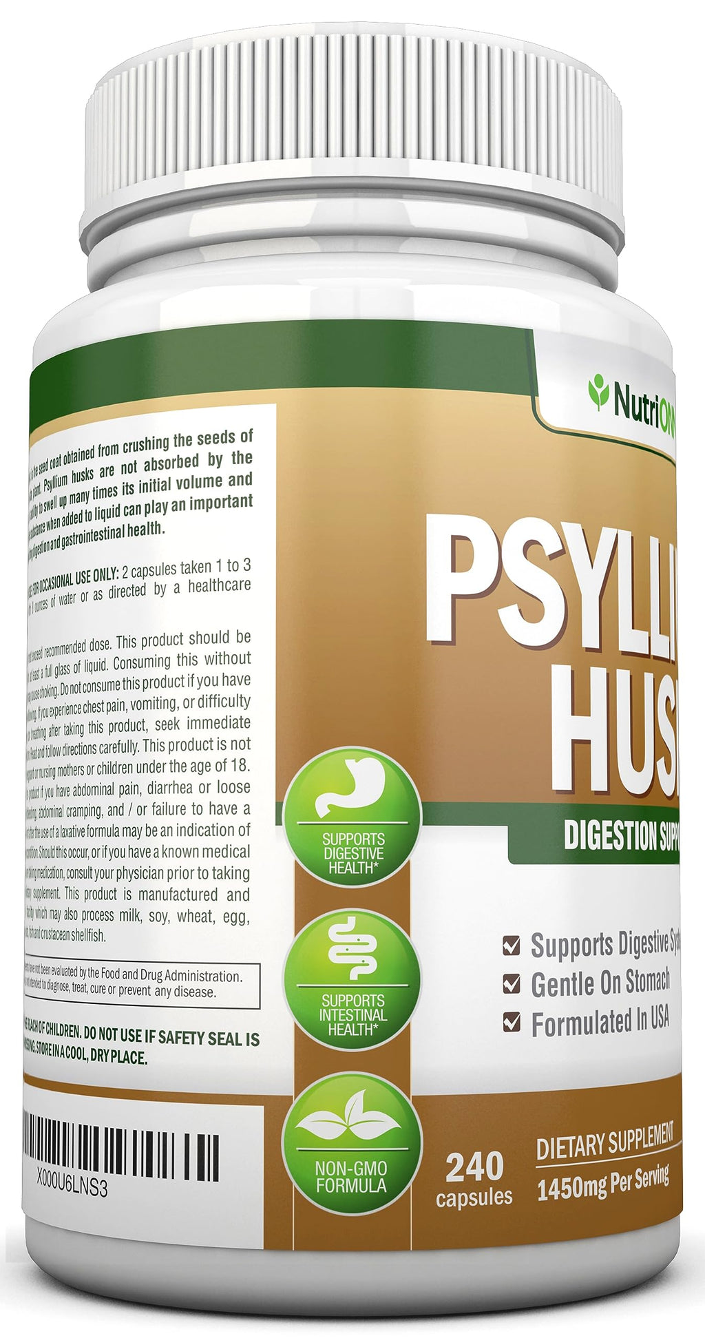 NutriONN PSYLLIUM Husk Capsules - 1450mg Per Serving - 240 Capsules - Double Strength - Premium Psyllium Fiber Supplement - Great for Digestion and Regularity - 100% Natural Soluble Fiber