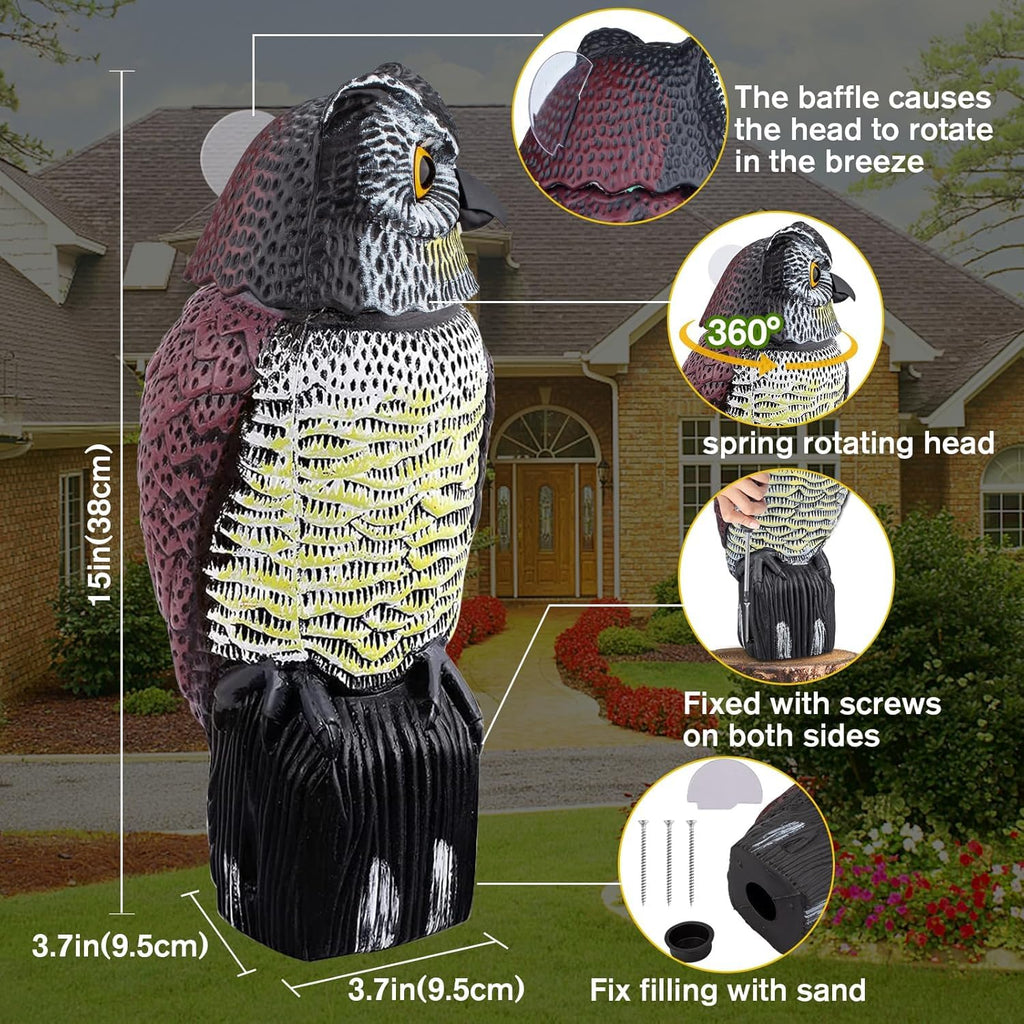 Fake Owl Statue to Scare Birds Away, Waterproof Moving Bird Deterrent Owl