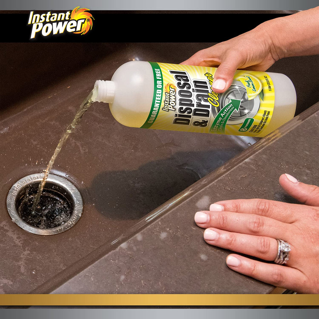 Instant Power Disposal and Drain Cleaner – Liquid Enzyme Clog Remover, Cleans and Deodorizes, Removes Drain Blockages, Fresh Lemon Scent 33.8 Fl oz, 1 Liter 4 Pack