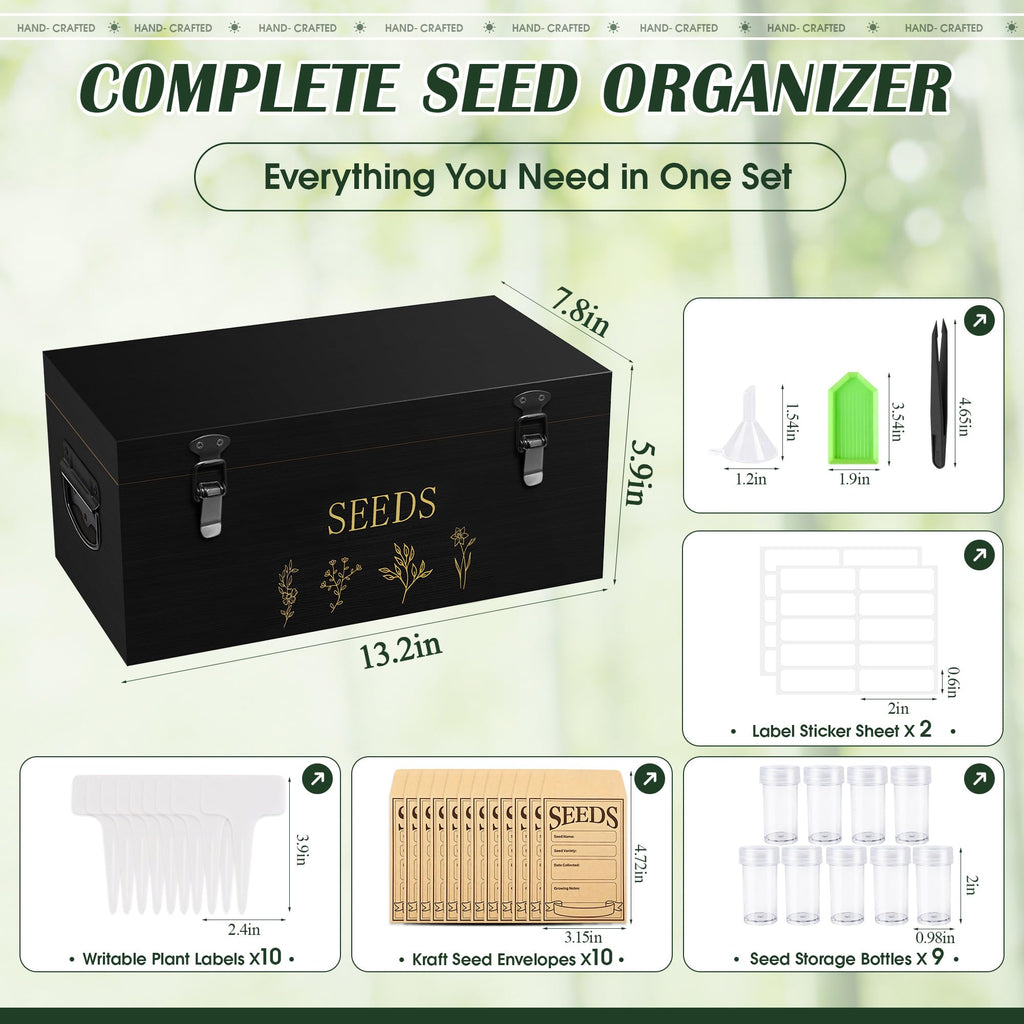 Yocookus Bamboo Seed Storage Organizer, Large Garden Seed Organizer with Lid & Safety Lock & Handles, Seed Box Includes Seed Envelopes and Labels etc, Great Gifts Gardening Kit (Black)