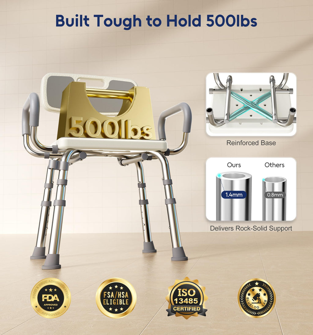 Bluelog Shower Chair for Inside Shower with Arms and Back, 500lbs Capacity Height Adjustable Shower Seat with Thickened Frame for Seniors, Elderly and Disabled