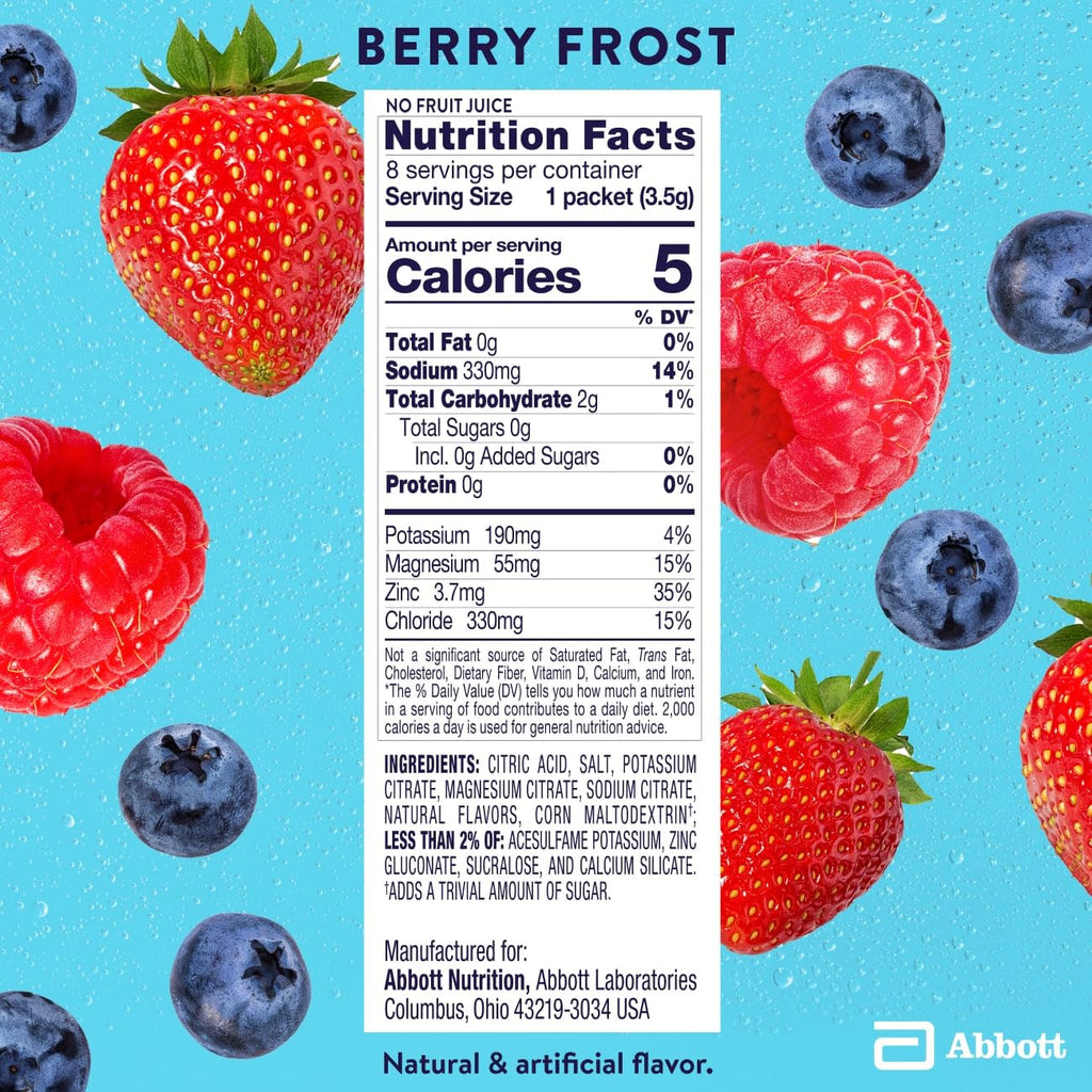 Pedialyte Electrolyte Drink Mix with Zero Sugar | Hydration with Key Electrolytes | Great Hydration Low in Calories | Berry Frost, 24 Powder Packets