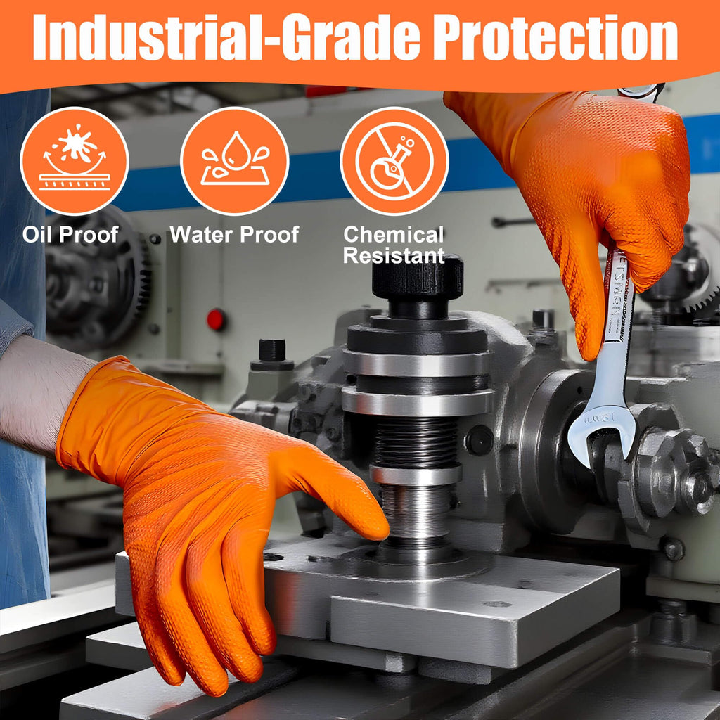 TREEGO Orange Nitrile Gloves 10 Mil Heavy Duty Disposable Latex Free Gloves – Diamond Grip Mechanic Gloves for Automotive Construction Work, Medium, 1000 Count Case
