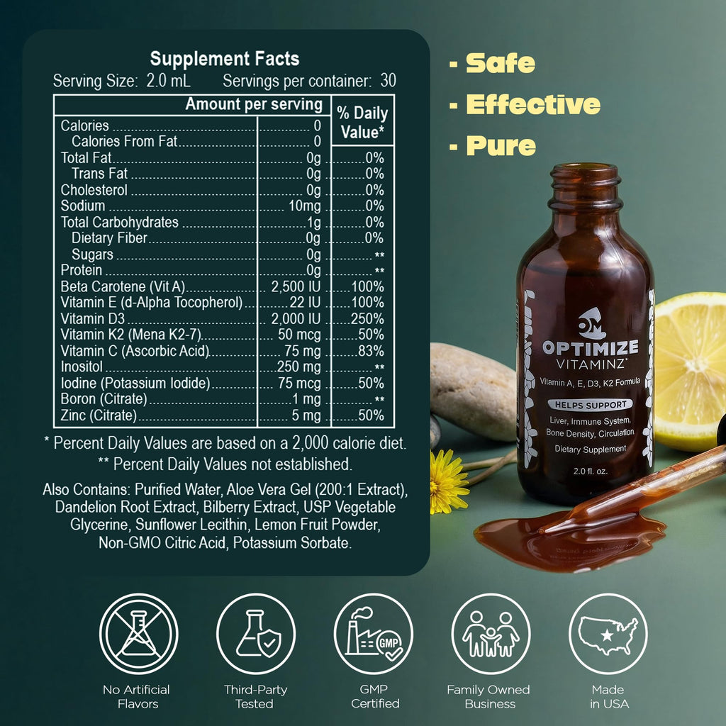 Optimize Vitaminz Liquid Vitamin D3 K2 Drops with Dandelion Root & Bilberry | Immune, Liver & Bone Support, MK-7 Formula, Fast Absorption Liquid Multivitamin, 30 Day Supply, 2 Fl Oz