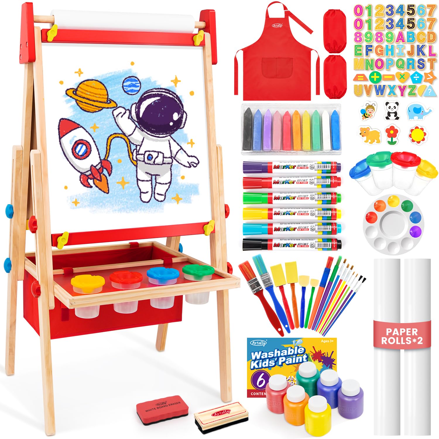 Art Easel for Toddlers Kids, Adjustable Standing Art Easel with Magnetic Chalkboard & Whiteboard, Dry-Erase Board, Paper Roll, Drawing & Painting Easel for Kids Ages 3 4-8 9-12, Red w/Bag