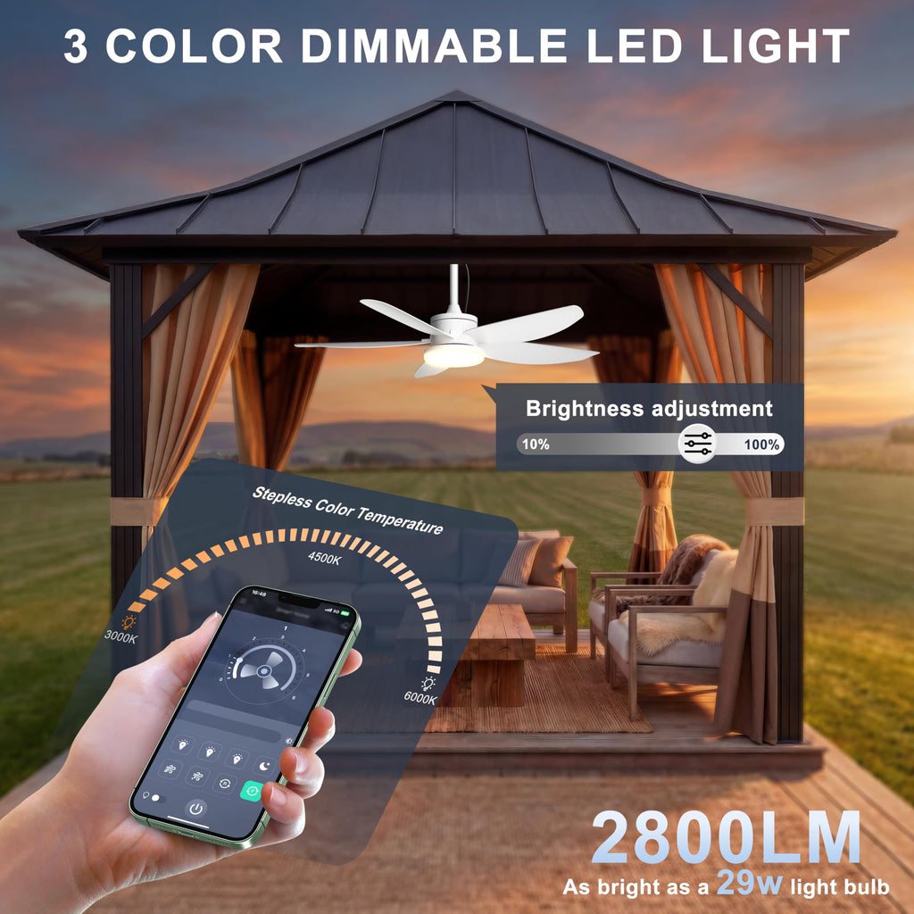Phylluz Outdoor Ceiling Fan with Lights, 48 Inch Plug in Gazebo Fans with Remote APP Control, Quiet DC Motor, Dimmable 3CCT, Waterproof Hanging Fans for Covered Patios, Porch, White