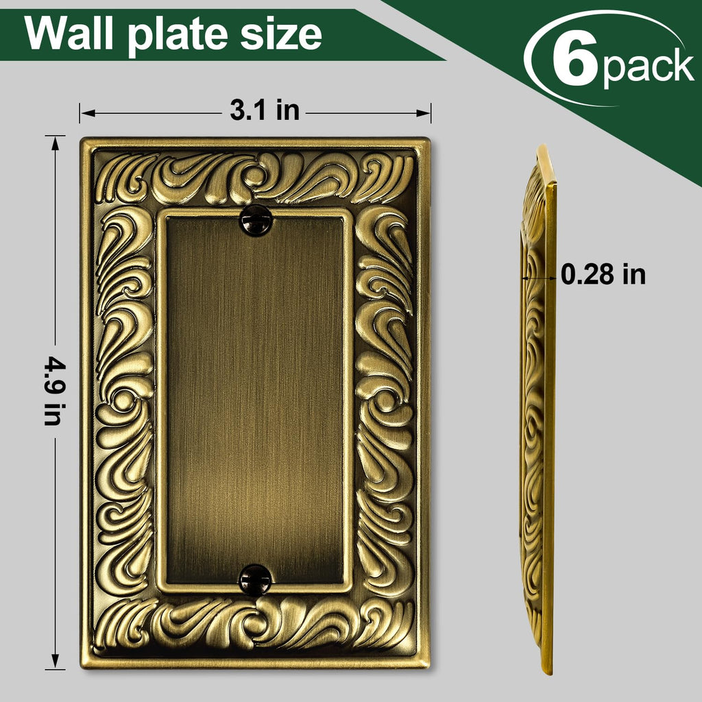 Antique Brass Decorative Wall Plate Light Switch Cover Decorator Outlet Covers Rocker Switch Plates Metal Material Wall Plates for Kitchen Bathroom (1 Gang Single Blank-6 Pack)
