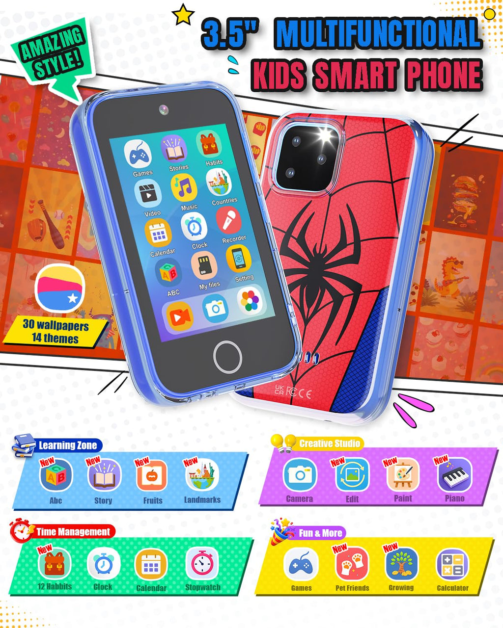Byserten Kids Phone 3.5'' Touchscreen with Dual Camera & Learning Games
