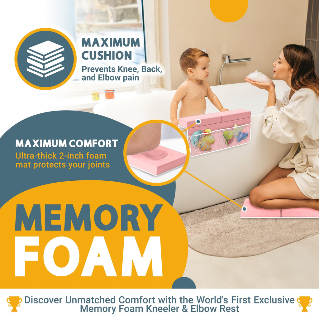 Memory Foam Bath Kneeler and Elbow Rest Pad Set, 2-Inch Thick, Water-Resistant Mat – Baby Bath Time Essentials Cushion and Bath Kneeling Pad for Bathing Baby with Bathtub Toy Organizer (Pink)