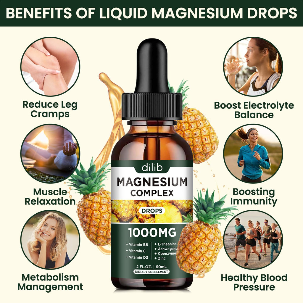 Triple Magnesium Complex Supplement, Magnesium Glycinate, Blend, Citrate Liquid Drops 1000mg with Ashwagandha, CoQ10, Vitamin B6, C, D, Zinc - Vegan Pineapple Flavor