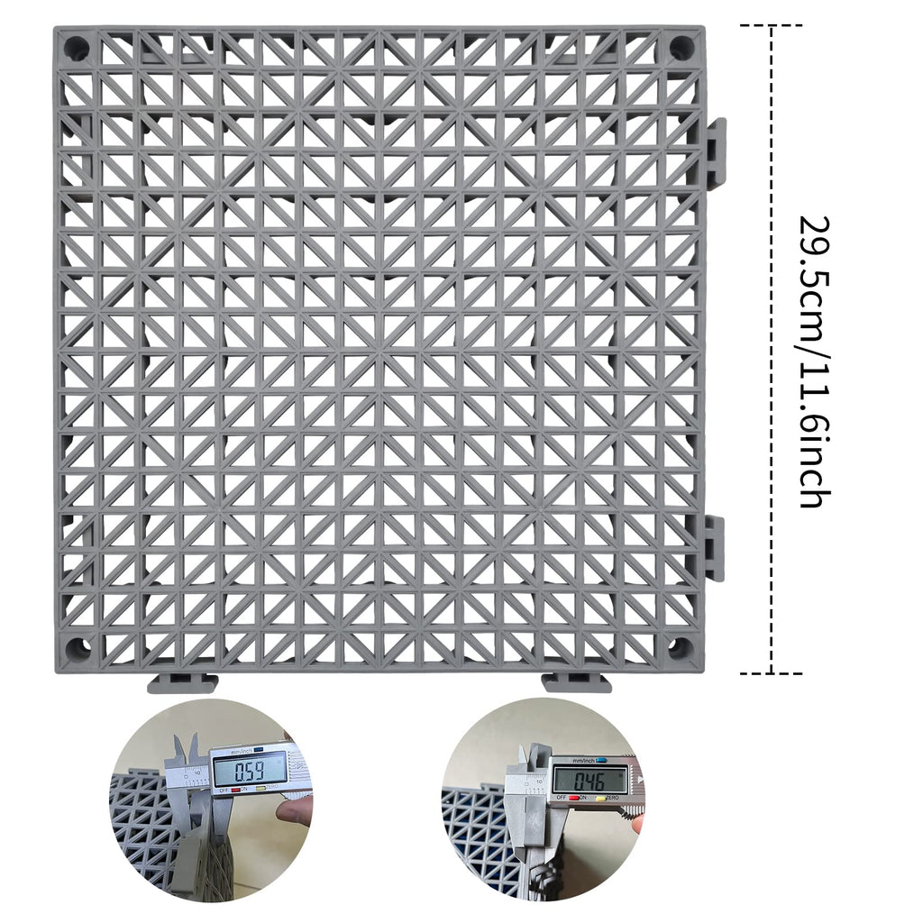 Jaderlu 12 Pack Modular Interlocking Cushion 11.6" x 11.6" Rubber Mat Floor Tile Mats Drain Pool Patio Balcony Yard Pet Area Washer Pad(Gray)