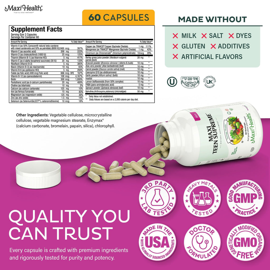 Teen Vitamins for Girls 12-17 - Teen Multivitamin Supreme with D3, Iron, Calcium, Biotin, Digestive Enzymes – Teenager Girl Multi Vitamins for Energy, Immune & Mood Support – 60 Count