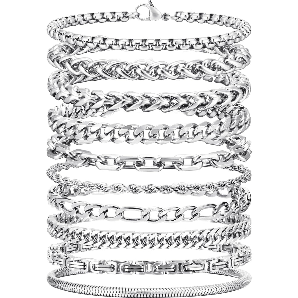 VNOX Silver Chain Bracelet for Men - 10 Pcs Solid Stainless Steel Rope/Figaro/Paperclip/Cuban Link/Snake Curb Chunky Chain Bracelet Set Wrist Band for Men Women,Mens Jewelry Set