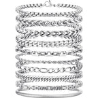 VNOX Silver Chain Bracelet for Men - 10 Pcs Solid Stainless Steel Rope/Figaro/Paperclip/Cuban Link/Snake Curb Chunky Chain Bracelet Set Wrist Band for Men Women,Mens Jewelry Set