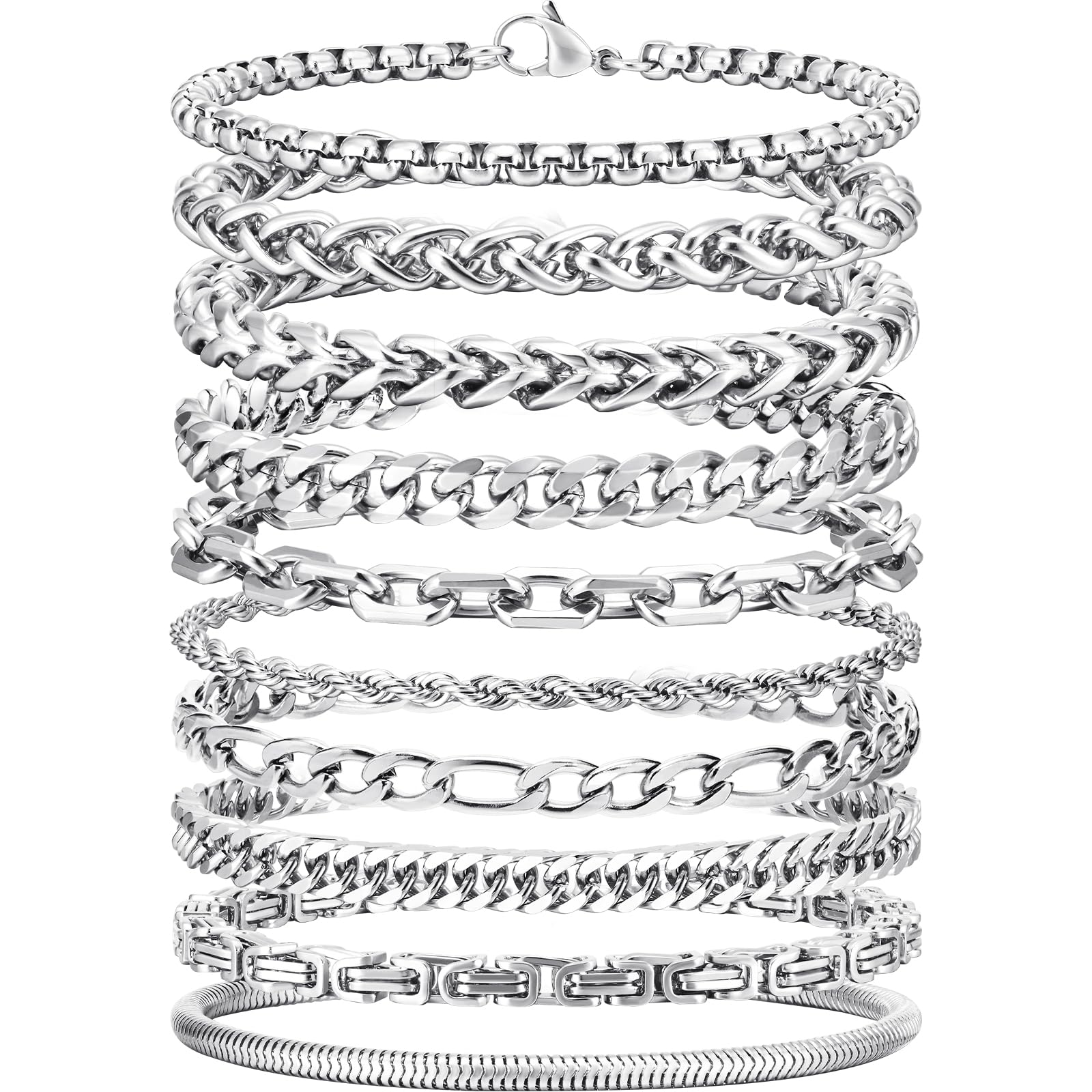 VNOX Silver Chain Bracelet for Men - 10 Pcs Solid Stainless Steel Rope/Figaro/Paperclip/Cuban Link/Snake Curb Chunky Chain Bracelet Set Wrist Band for Men Women,Mens Jewelry Set
