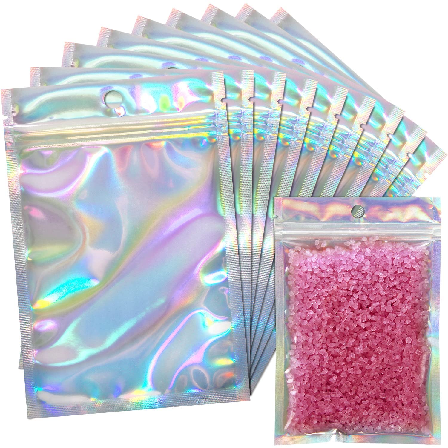 EgticLive 100 Pack Resealable Holographic Bags for Small Business, Iridescent Mylar Bags with Clear Front Smell Proof Foil Packing Pouches for Multipurpose Storage (6.3 X 9.5 inches)