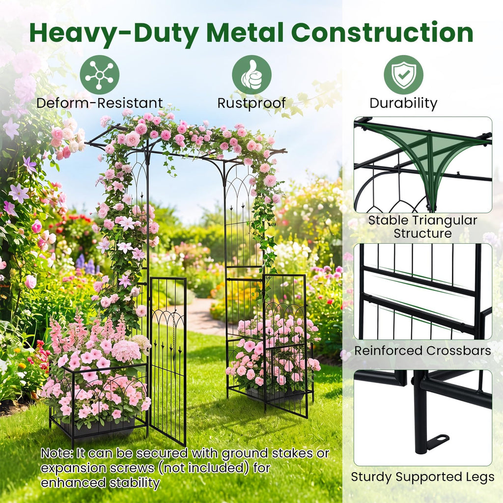Giantex 81" H Metal Garden Arbor Arch Trellis with Gate and Planter