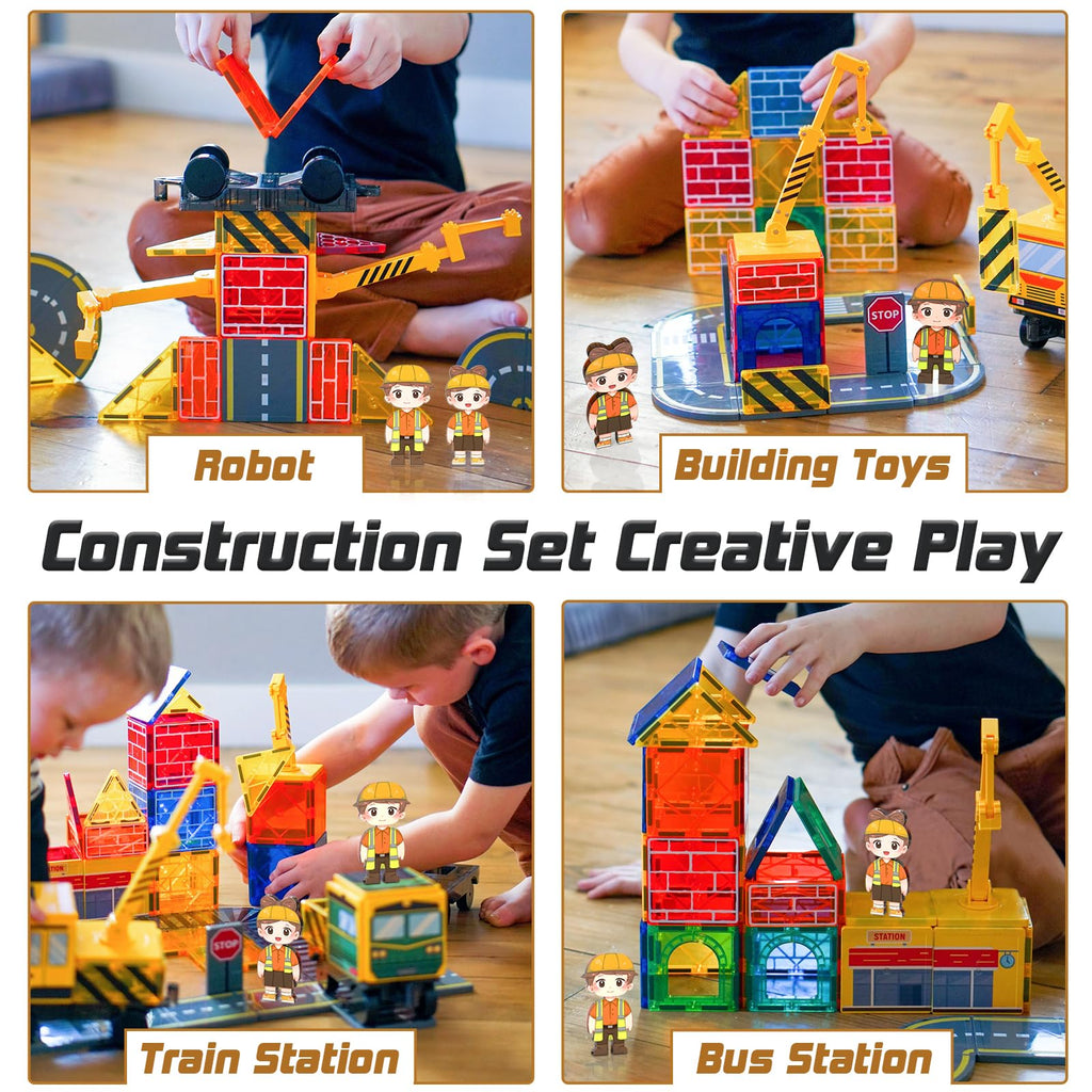 Magnetic Tiles Magnetic Construction Set with 2 Cranes Boys Toys for Ages 3-5 5-7 8-10 Building Toys Includes Crane, Road Tracks, Train, Train Tracks, Dolls, Car Toy, Traffic Lights and Stations