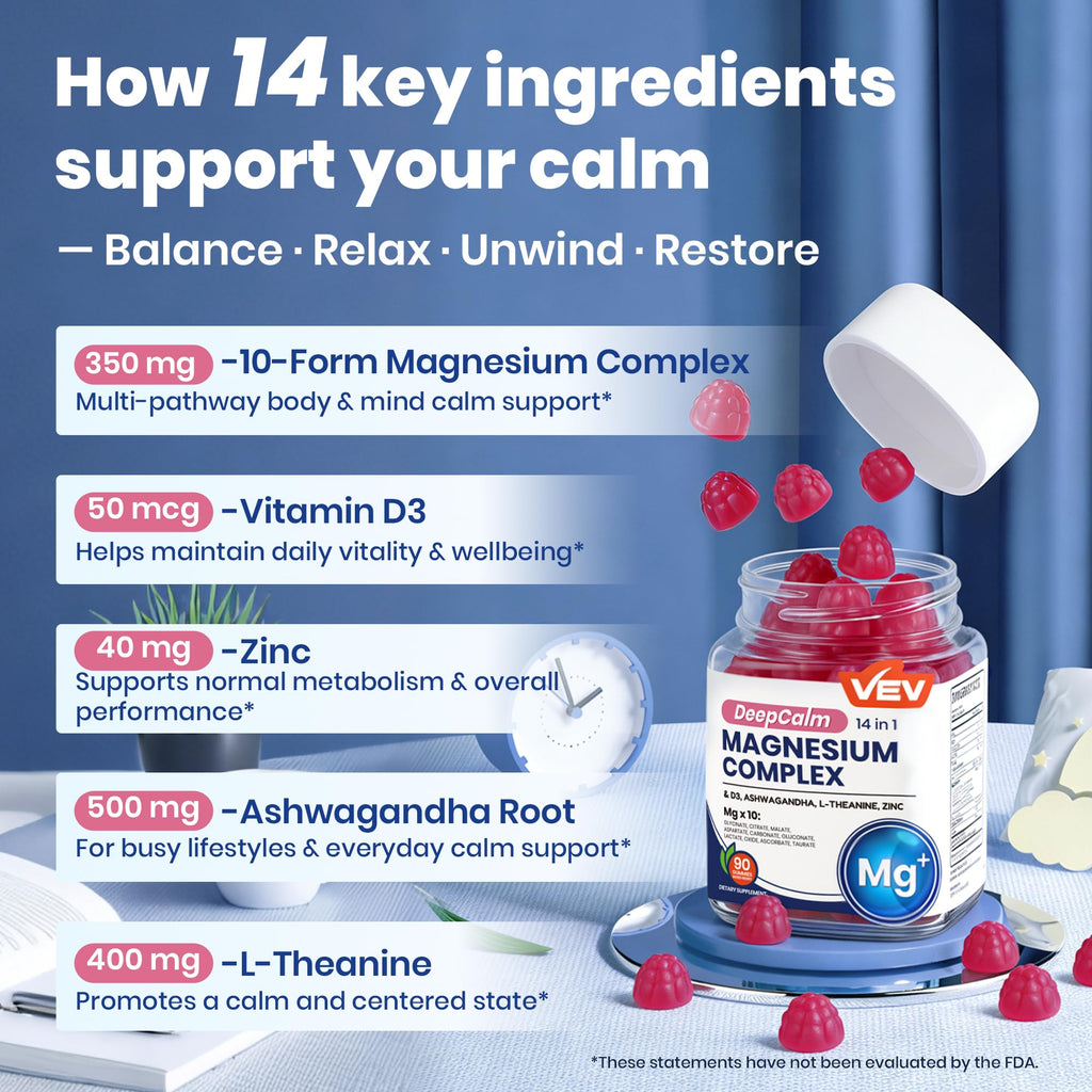 VEV Deep Calm Magnesium Complex14-in-1 Gummies – with Ashwagandha, L-Theanine, Vitamin D3 & Zinc – Magnesium Complex for Women and Men – No Added Sugar Vegan Magnesium Glycinate – 90 Gummies