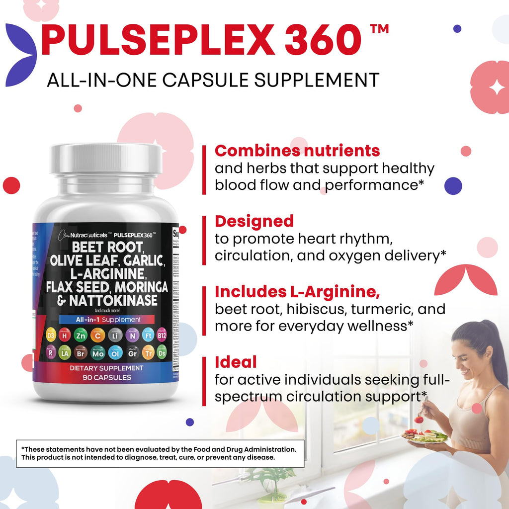 Clean Nutraceuticals Beet Root Capsules Olive Leaf Nattokinase Garlic Extract L-Arginine Omega 3 Red Yeast Rice Hibiscus Danshen - Healthy Support Supplement - 90 Ct