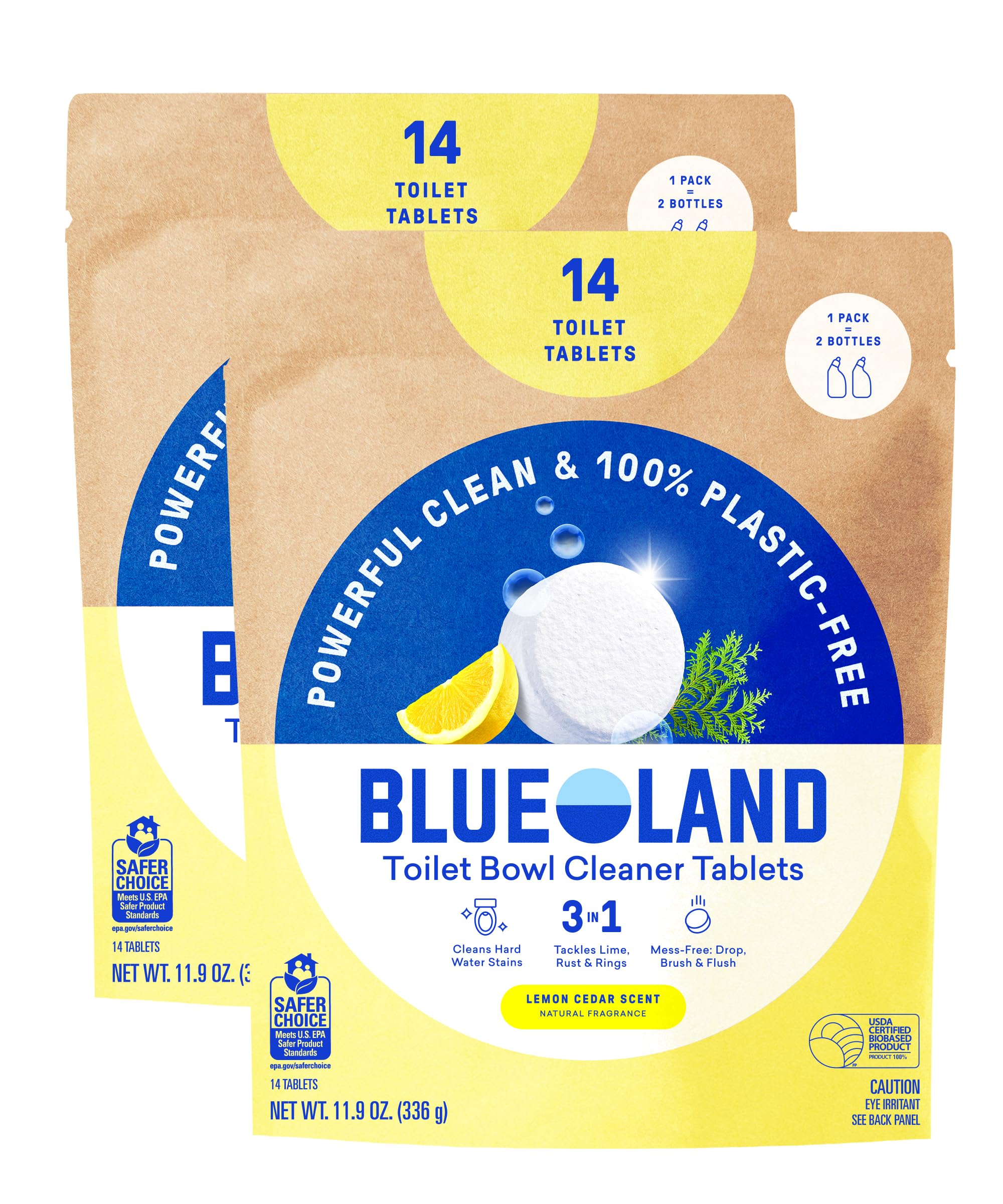 BLUELAND Toilet Bowl Cleaner Tablets, 14 Count (Pack of 2), Lemon Cedar, Plastic-Free, No Harsh Chemicals, Plant-Based, Septic-Safe, Removes Lime, Rust, Hard Water and Toilet Ring Stains