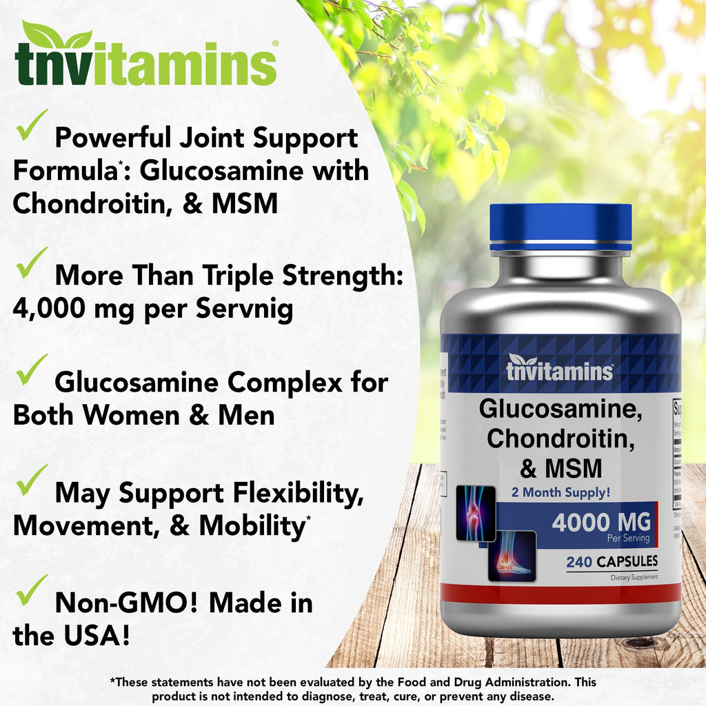 tnvitamins Glucosamine Chondroitin MSM Capsules, 240 Count | 4,000 mg Per Serving | 2,000 mg Glucosamine Sulfate 2KCl + 2,000 mg MSM & Chondroitin Blend | Joint Support Supplement