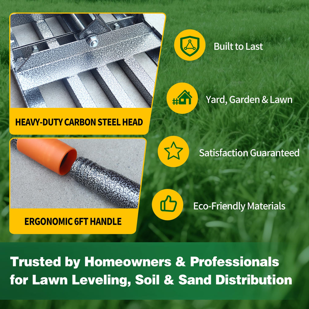 Lawn Leveling Rake 30x10 Inch, 6FT Heavy-Duty Carbon Steel Lawn Leveler – Yard Leveling Rake for Soil, Sand, Grass, Perfect for Lawn Repair, Pit Filling & Garden Maintenance
