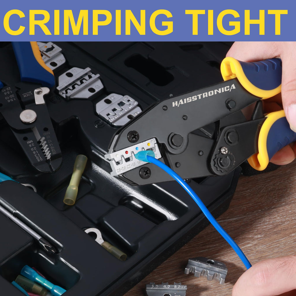 haisstronica 8PCS Crimping Tool Set - Ratchet Wire Crimping Tool for Heat Shrink,Insulated Nylon,Non-Insulated,Ferrule Wire End,Open Barrel Terminals,Solar Connectors