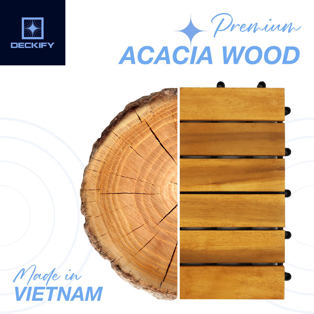 DECKIFY 9Pcs Premium Acacia Wood Interlocking Patio Deck Tiles, 12 x 12 x 0.9 Inch Outdoor Flooring, Waterproof for All-Weather Use – Striped, Golden Teak