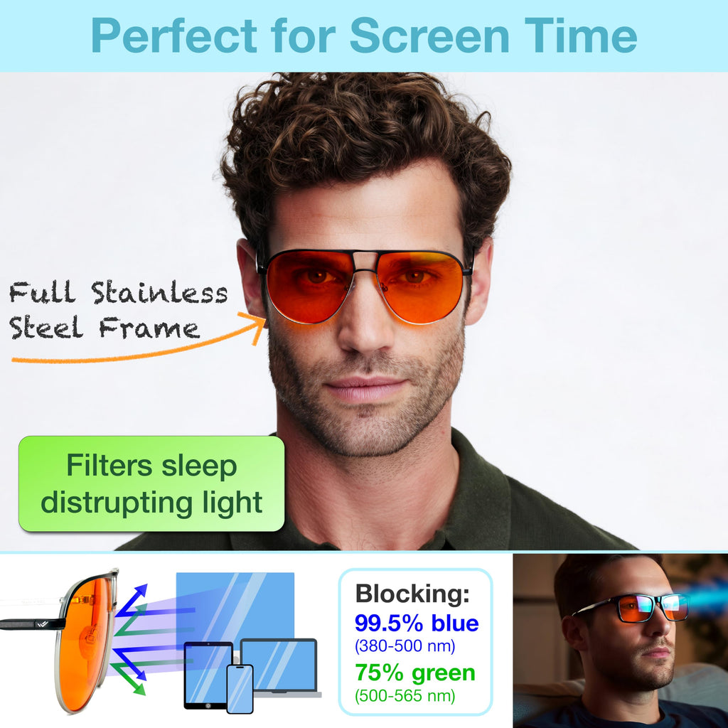 Orange Aviator Blue Light Blocking Glasses for Better Sleep - 97% Premium Metal Classic Aviators Computer Migraine Glasses for Women & Men - Amber Gaming Glasses - Blue Light Blocker Anti Eye Strain