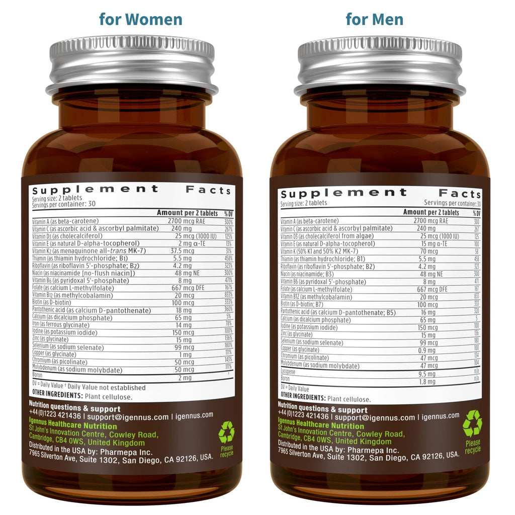 Igennus Methylated Multivitamin for Men & Women 2-Pack, All-Day Nutrient Delivery, Pure & Clean, Methylfolate & Methylcobalamin, High Strength MTHFR Supplement, Non-GMO & Halal, 30 Day Supply