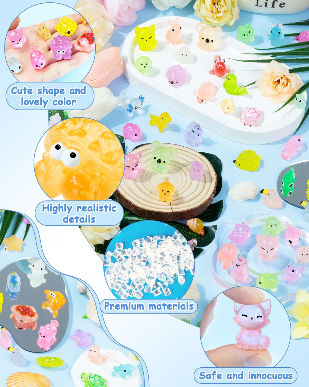 FIVEIZERO 100PCS Luminous Mini Resin Terrestrial Animals Bulk - 20 Styles Glow in The Dark Plastic Tiny Land Animal Figures for Dollhouse, Fairy Garden, Aquarium, Party Favors & DIY Craft Decor