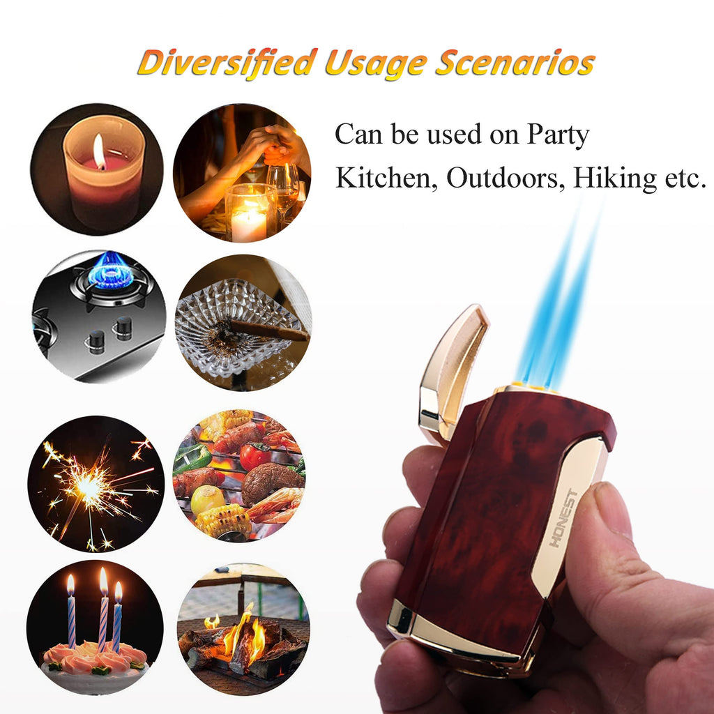 Metal Lighter Double Jet Flame Butane refillable Lighter Shipped Without Gas (2PCS Brown)