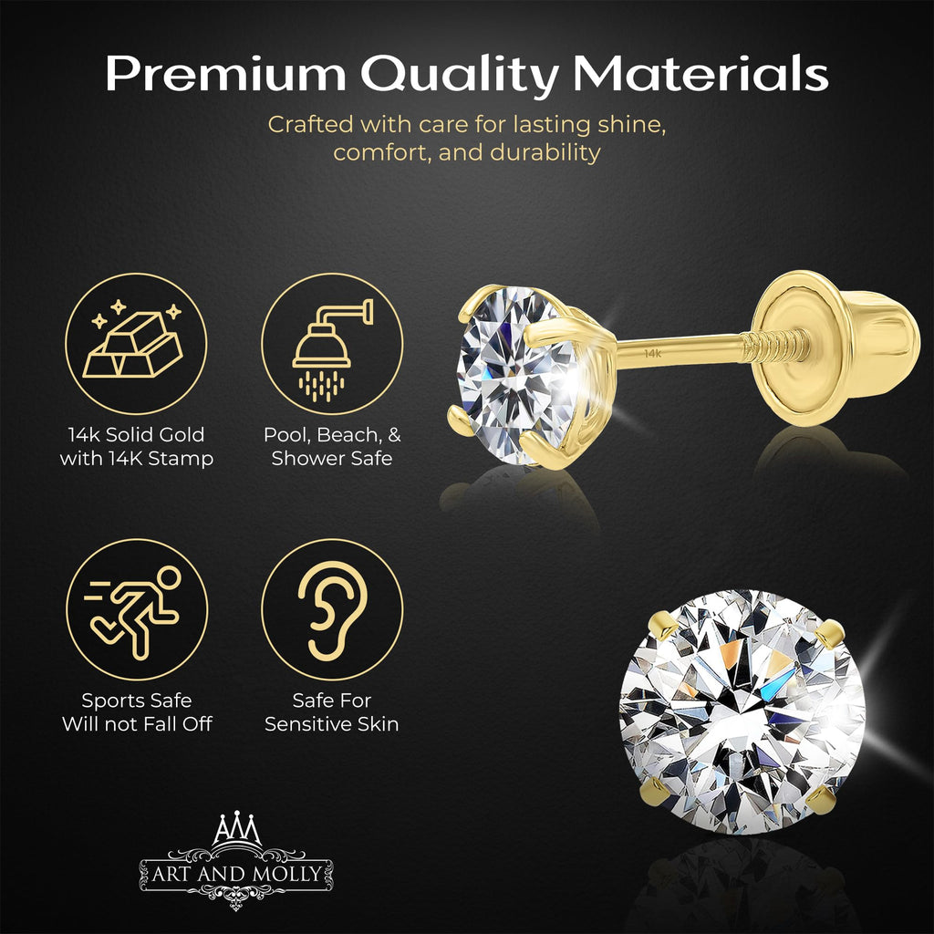 14k Yellow Gold Solitaire Round Cubic Zirconia Stud Earrings Basket-set CZ with Screw On Secure Screw-backs, 4mm