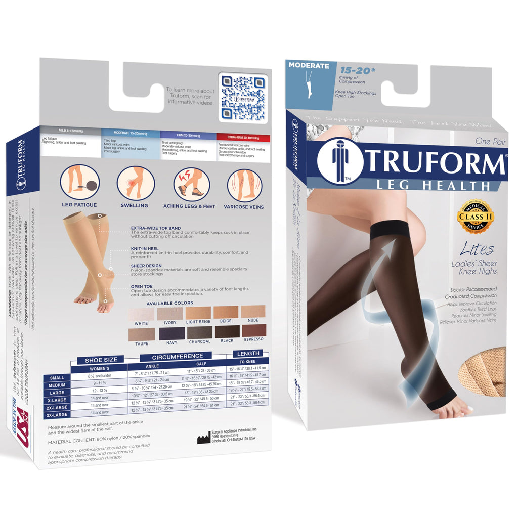 Truform Sheer Compression Stockings, 15-20 mmHg, Women's Knee High Length, Open Toe, 20 Denier, Navy, 2X-Large