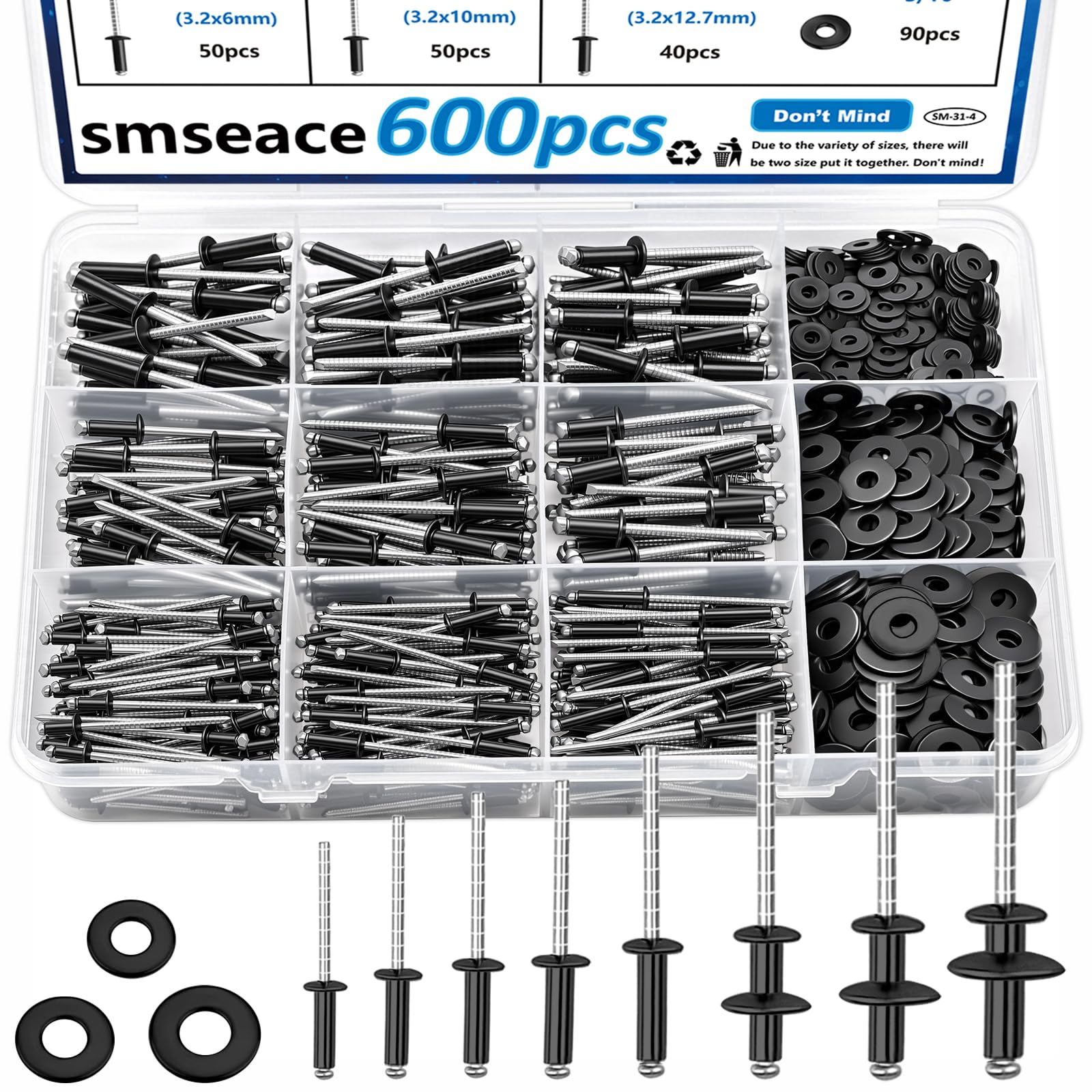 smseace 600Pcs Stainless Steel Black Pop Rivets with Washer Assortment Kit 8-Sizes Stainless Rivets(1/8Inch 5/32Inch 3/16Inch) for Metal,Furniture,Automotive,Instruments